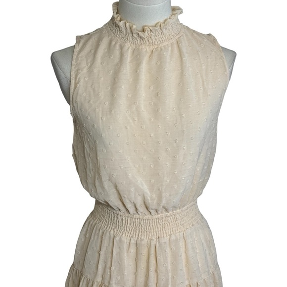 SWEET WANDERER Sleeveless Mini Dress Blush Cream Polka Dot Smocked Waist Size S - Picture 3 of 8